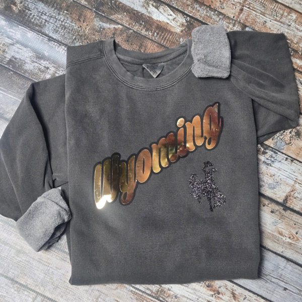 Shop Wyoming Metallic Gold Wyoming ~ Charcoal Comfort Colors Sweatshirt