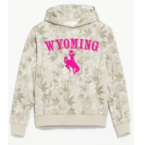 Shop Wyoming Camo Hoodie with pink Wyoming and bucking horse Shop Wyoming Camo Hoodie with pink Wyoming and bucking horse