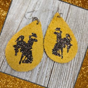 Shop Wyoming Bucking Horse & Rider®️Suede Leather Earrings ~ Mustard/Brown Glitter Shop Wyoming Bucking Horse & Rider®️Suede Leather Earrings ~ Mustard/Brown Glitter