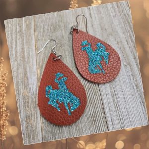 Shop Wyoming Bucking Horse & Rider®️ Leather Earrings~ Rust & Teal Glitter Shop Wyoming Bucking Horse & Rider®️ Leather Earrings~ Rust & Teal Glitter
