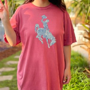 Shop Wyoming Memorial Wyoming Blue and tan bucking horse T-shirt or Crewneck Shop Wyoming Memorial Wyoming Blue and tan bucking horse T-shirt or Crewneck