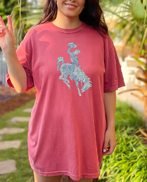 Shop Wyoming Memorial Wyoming Blue and tan bucking horse T-shirt or Crewneck Shop Wyoming Memorial Wyoming Blue and tan bucking horse T-shirt or Crewneck