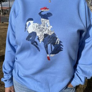Shop Wyoming WYOMING varsity Red, white, and blue Crewneck Shop Wyoming WYOMING varsity Red, white, and blue Crewneck