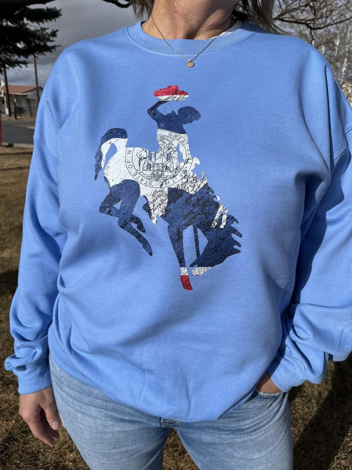 Shop Wyoming WYOMING varsity Red, white, and blue Crewneck Shop Wyoming WYOMING varsity Red, white, and blue Crewneck