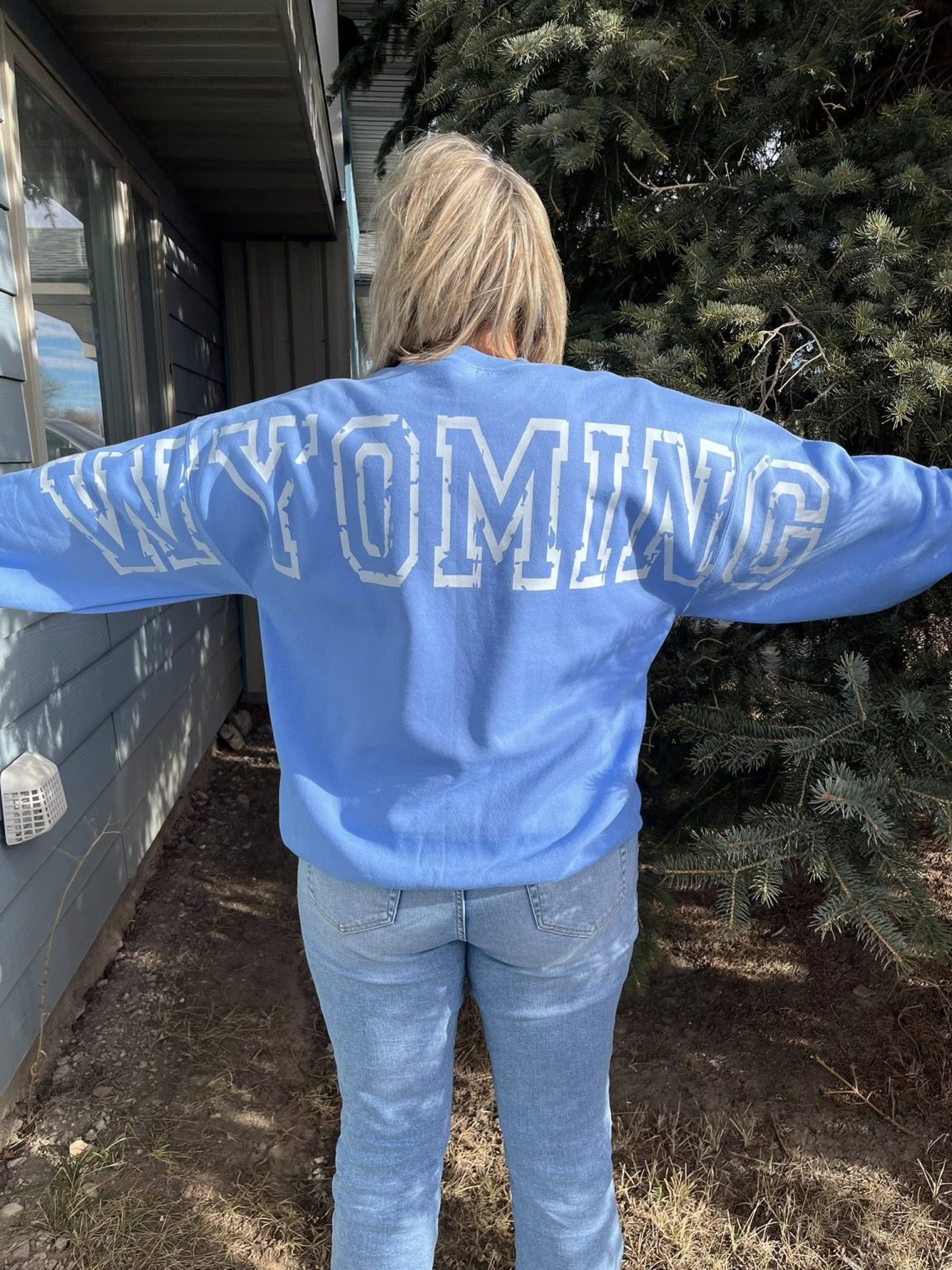 Shop Wyoming WYOMING varsity Red, white, and blue Crewneck Shop Wyoming WYOMING varsity Red, white, and blue Crewneck