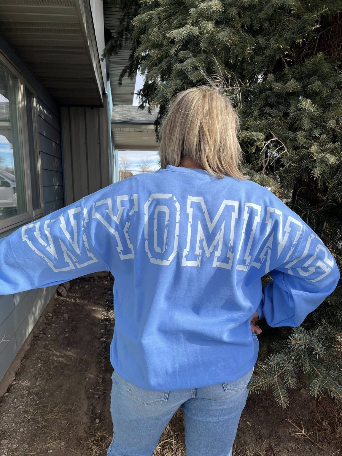 Shop Wyoming WYOMING varsity Red, white, and blue Crewneck Shop Wyoming WYOMING varsity Red, white, and blue Crewneck