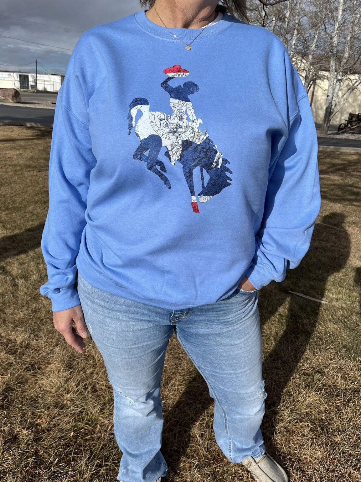 Shop Wyoming WYOMING varsity Red, white, and blue Crewneck Shop Wyoming WYOMING varsity Red, white, and blue Crewneck