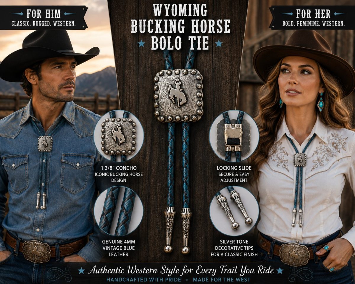 Shop Wyoming Wyoming Bucking Horse Bolo Tie – Vintage Blue Genuine Leather with Silver-Tone Tips Shop Wyoming Wyoming Bucking Horse Bolo Tie – Vintage Blue Genuine Leather with Silver-Tone Tips
