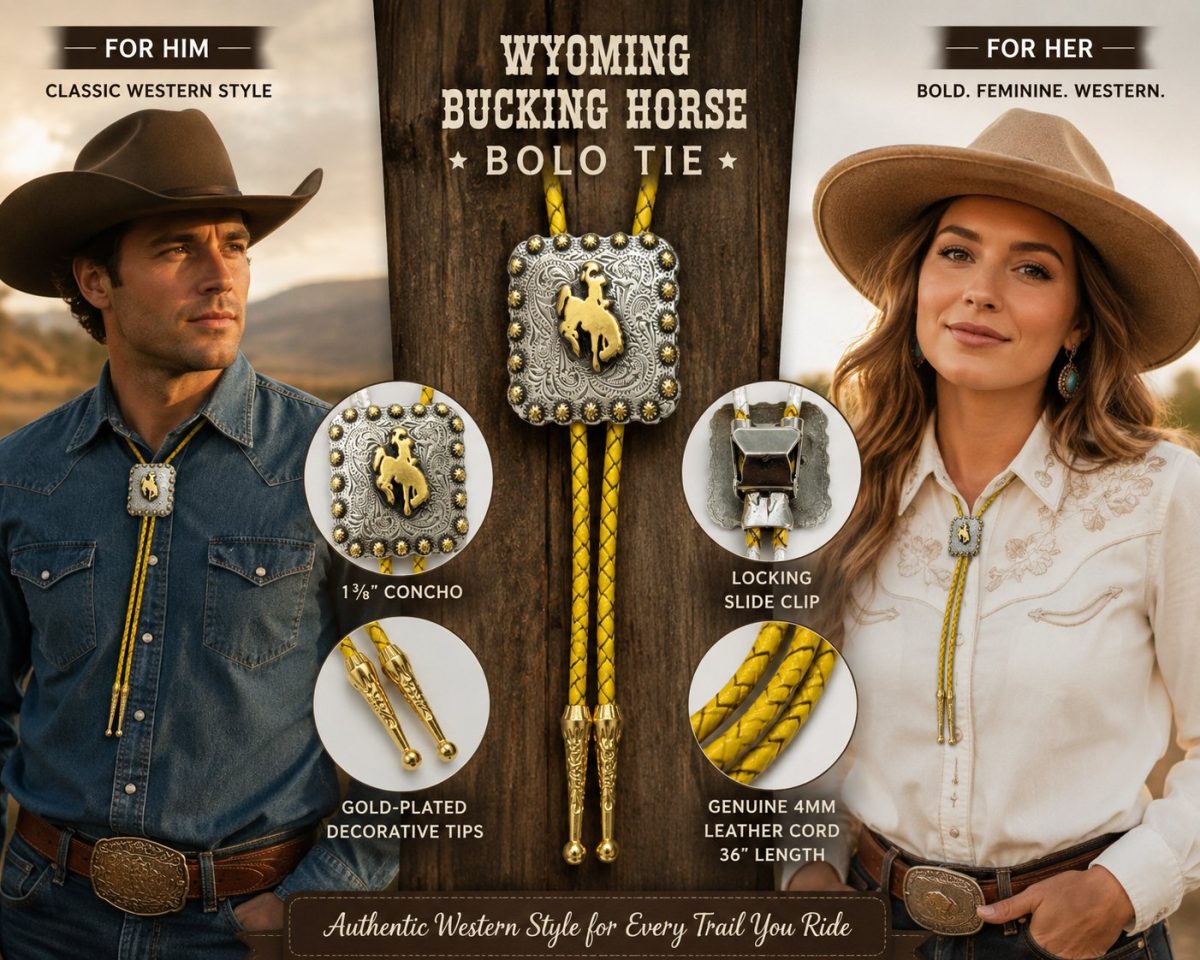 Shop Wyoming Wyoming Bucking Horse Bolo Tie – Vintage Yellow Genuine Leather with Gold-Plated Tips Shop Wyoming Wyoming Bucking Horse Bolo Tie – Vintage Yellow Genuine Leather with Gold-Plated Tips