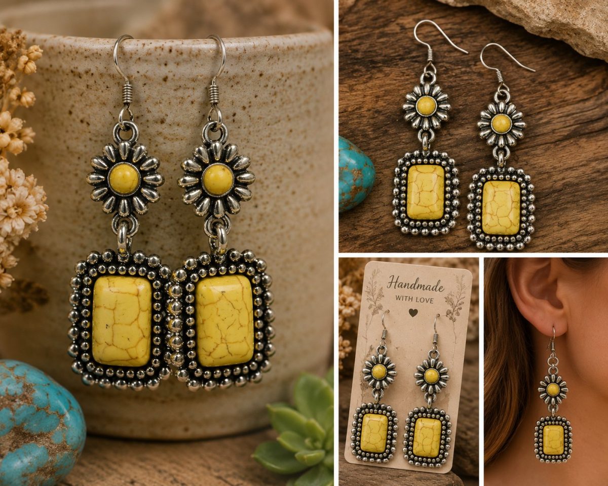 Shop Wyoming Yellow Howlite-Style Dangle Earrings – Silverplated Western Floral Earrings Shop Wyoming Yellow Howlite-Style Dangle Earrings – Silverplated Western Floral Earrings
