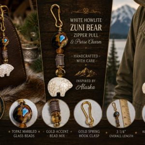 Shop Wyoming White Howlite Zuni Bear Zipper Pull & Purse Charm – Gold Accents | Alaskan-Inspired Shop Wyoming White Howlite Zuni Bear Zipper Pull & Purse Charm – Gold Accents | Alaskan-Inspired