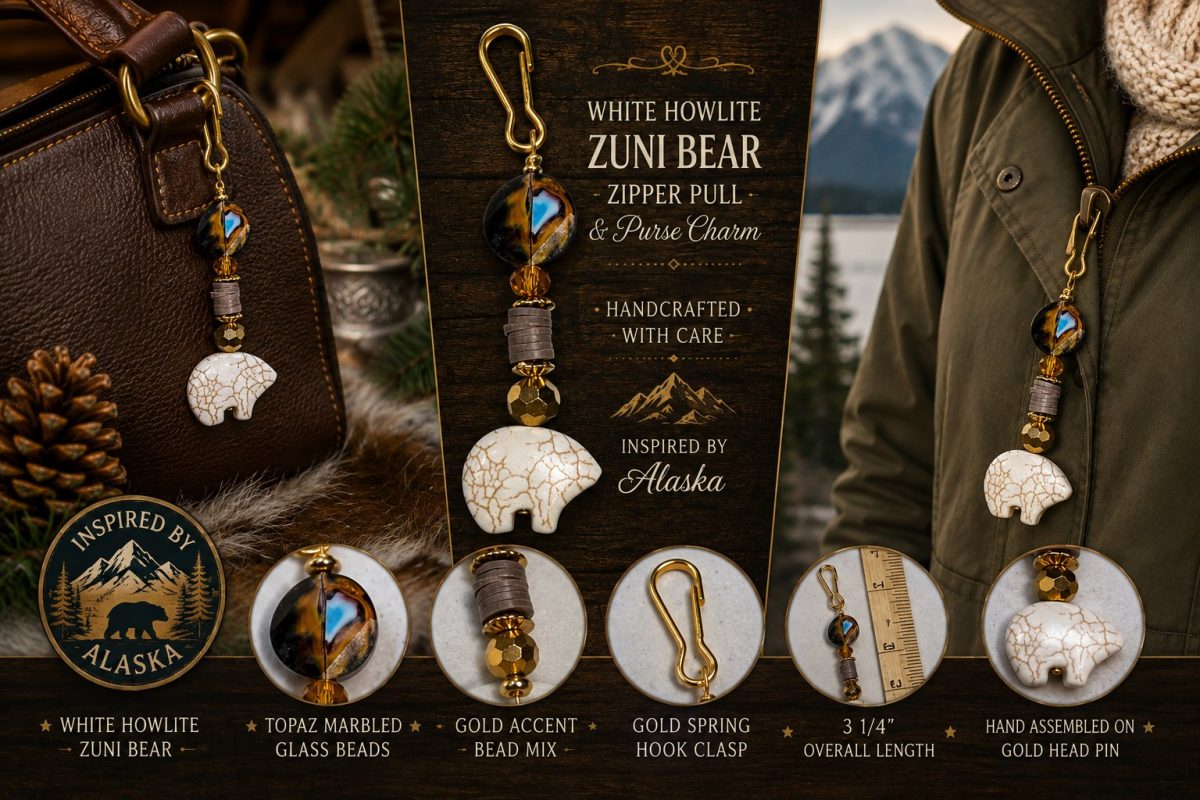 Shop Wyoming White Howlite Zuni Bear Zipper Pull & Purse Charm – Gold Accents | Alaskan-Inspired Shop Wyoming White Howlite Zuni Bear Zipper Pull & Purse Charm – Gold Accents | Alaskan-Inspired