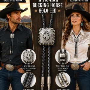 Shop Wyoming Wyoming Bucking Horse Bolo Tie – Braided Black Genuine Leather with Silver-Tone Tips Shop Wyoming Wyoming Bucking Horse Bolo Tie – Braided Black Genuine Leather with Silver-Tone Tips