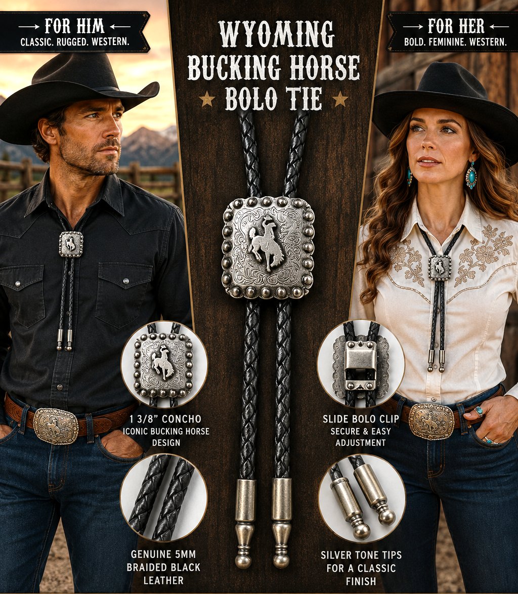 Shop Wyoming Wyoming Bucking Horse Bolo Tie – Braided Black Genuine Leather with Silver-Tone Tips Shop Wyoming Wyoming Bucking Horse Bolo Tie – Braided Black Genuine Leather with Silver-Tone Tips