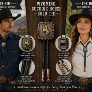 Shop Wyoming Wyoming Bucking Horse Bolo Tie – Distressed Blue-Black Genuine Leather with Copper Tips Shop Wyoming Wyoming Bucking Horse Bolo Tie – Distressed Blue-Black Genuine Leather with Copper Tips
