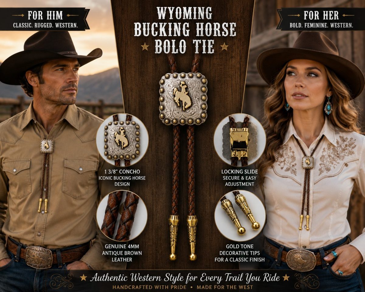 Shop Wyoming Wyoming Bucking Horse Bolo Tie – Antique Brown Genuine Leather with Gold-Tone Tips Shop Wyoming Wyoming Bucking Horse Bolo Tie – Antique Brown Genuine Leather with Gold-Tone Tips
