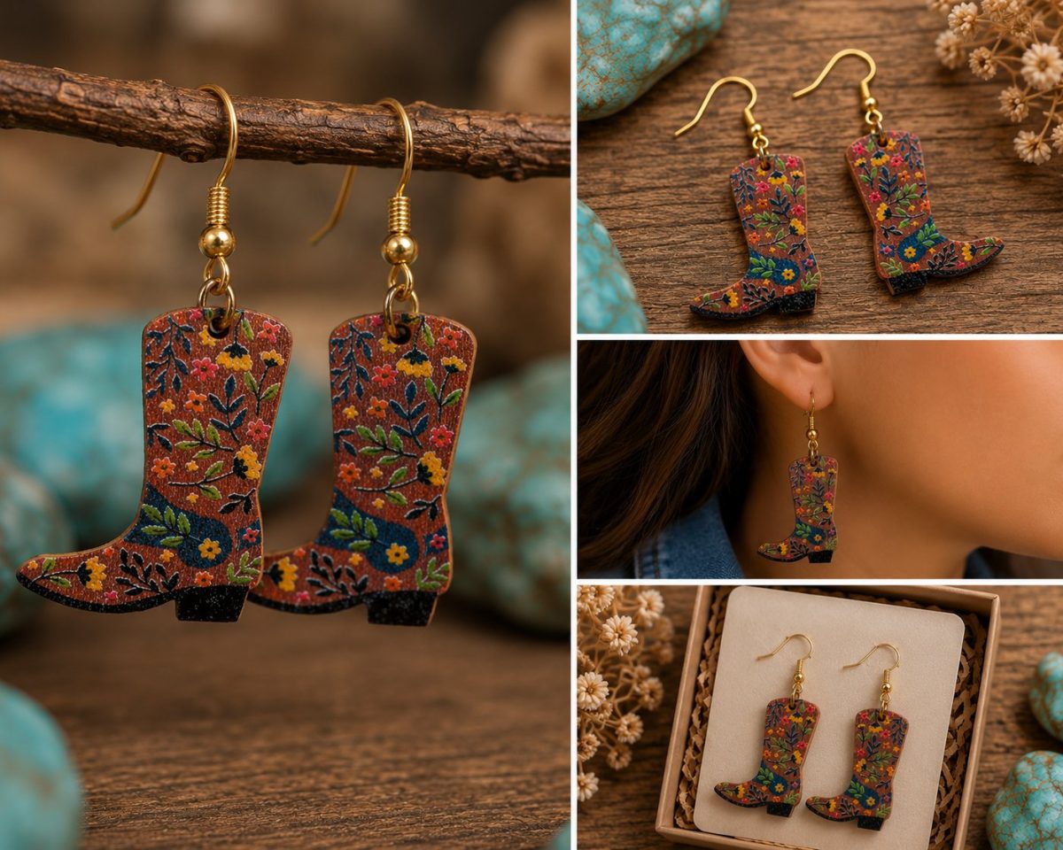 Shop Wyoming Floral Cowboy Boot Wooden Dangle Earrings – Gold-Tone Western Earrings Shop Wyoming Floral Cowboy Boot Wooden Dangle Earrings – Gold-Tone Western Earrings