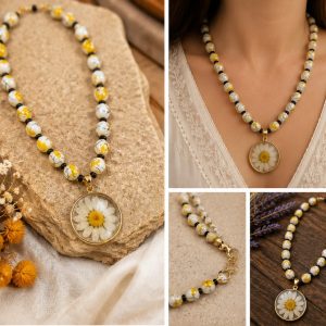 Shop Wyoming Real Daisy Resin Pendant Necklace – 19″ Glass Bead Necklace with Goldplate Trim Shop Wyoming Real Daisy Resin Pendant Necklace – 19″ Glass Bead Necklace with Goldplate Trim