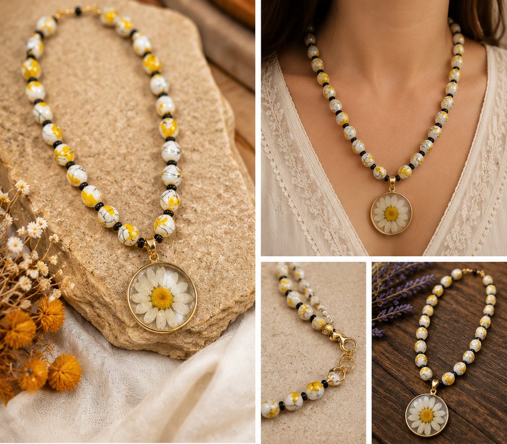 Shop Wyoming Real Daisy Resin Pendant Necklace – 19″ Glass Bead Necklace with Goldplate Trim Shop Wyoming Real Daisy Resin Pendant Necklace – 19″ Glass Bead Necklace with Goldplate Trim