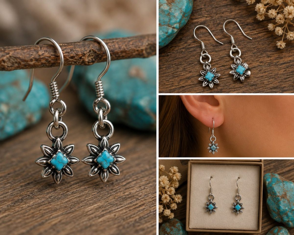 Shop Wyoming Petite Turquoise Flower Dangle Earrings – Silverplated Imitation Turquoise Earrings Shop Wyoming Petite Turquoise Flower Dangle Earrings – Silverplated Imitation Turquoise Earrings