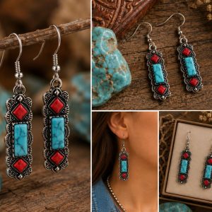 Shop Wyoming Southwestern Imitation Turquoise & Red Stone Dangle Earrings – 1¼” Silverplated Earrings Shop Wyoming Southwestern Imitation Turquoise & Red Stone Dangle Earrings – 1¼” Silverplated Earrings