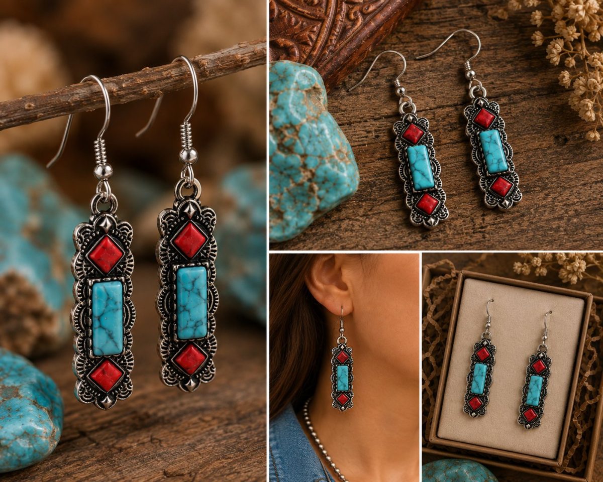 Shop Wyoming Southwestern Imitation Turquoise & Red Stone Dangle Earrings – 1¼” Silverplated Earrings Shop Wyoming Southwestern Imitation Turquoise & Red Stone Dangle Earrings – 1¼” Silverplated Earrings