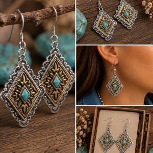 Shop Wyoming Two-Tone Southwestern Dangle Earrings – Silver & Gold with Imitation Turquoise Accent Shop Wyoming Two-Tone Southwestern Dangle Earrings – Silver & Gold with Imitation Turquoise Accent