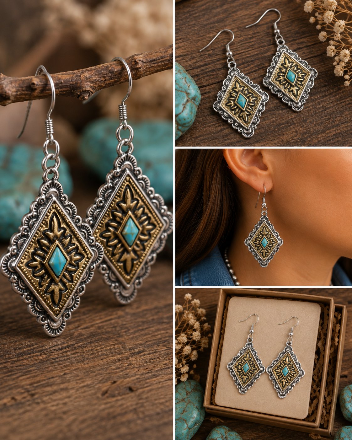 Shop Wyoming Two-Tone Southwestern Dangle Earrings – Silver & Gold with Imitation Turquoise Accent Shop Wyoming Two-Tone Southwestern Dangle Earrings – Silver & Gold with Imitation Turquoise Accent